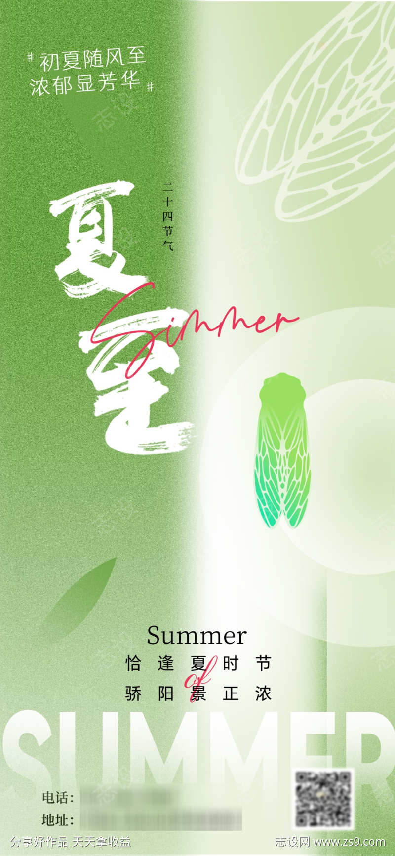 夏至弥散风背景知了元素海报