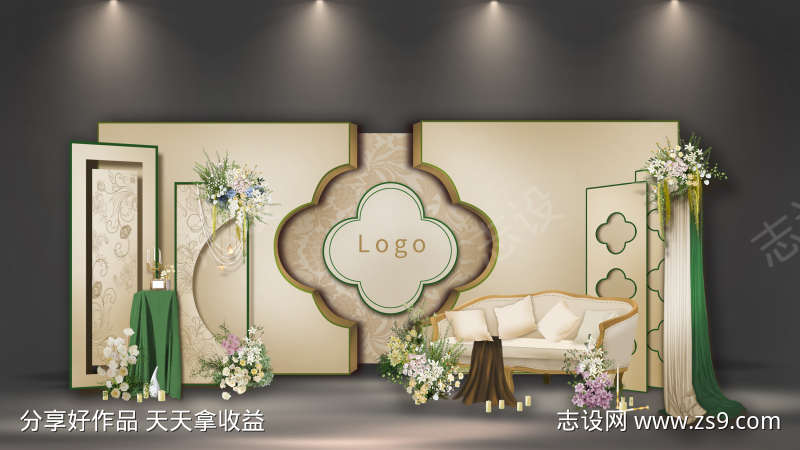 香槟色订婚宴婚礼合影区迎宾拍照打卡美陈布