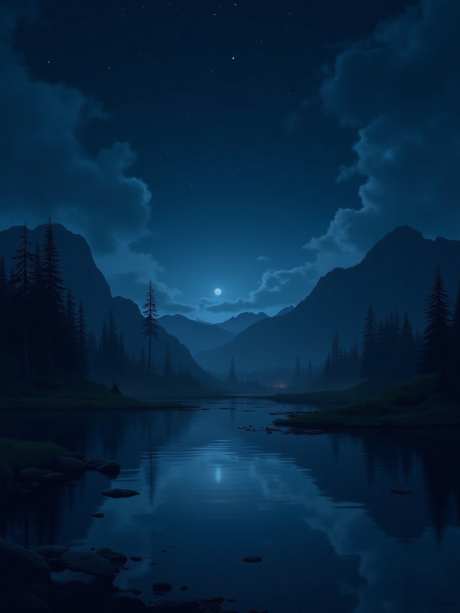 宁静的夜景_AI图片下载_euler采样_960X1280像素-月亮,湖面,蓝色-作品编号:2025061711555829-志设-zs9.com