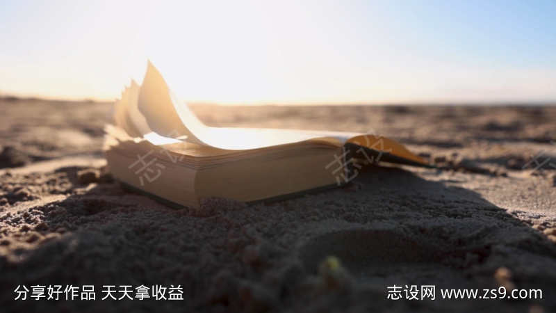 逆光书页在沙滩飘动