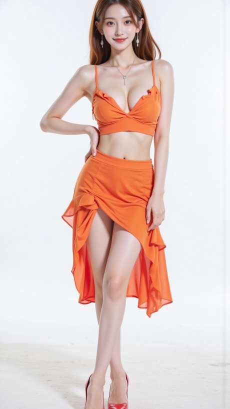 橙色裙子美丽性感美女站姿写真照片_AI图片下载_euler采样_864X1536像素-照片,站姿,美女-作品编号:2025062315036497-志设-zs9.com
