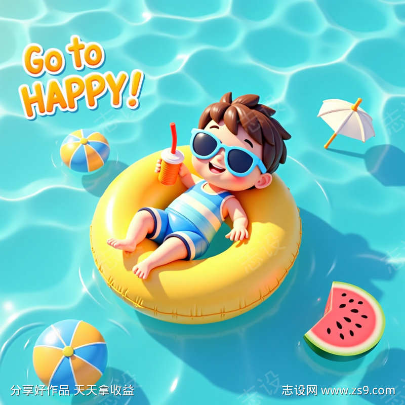 小暑节气小男孩躺在泳池游泳圈上