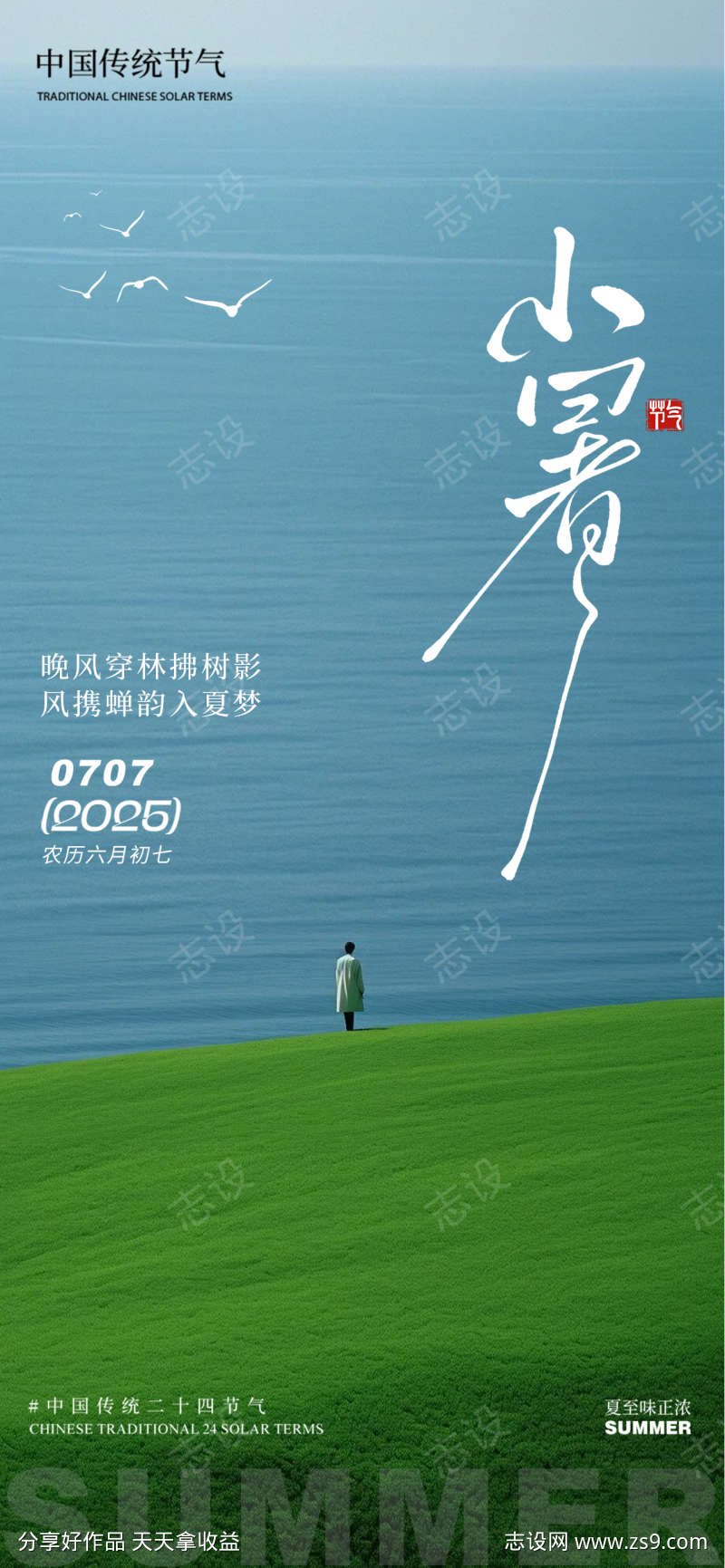 小暑大海草地夏季简约清新背影小鸟男生意境