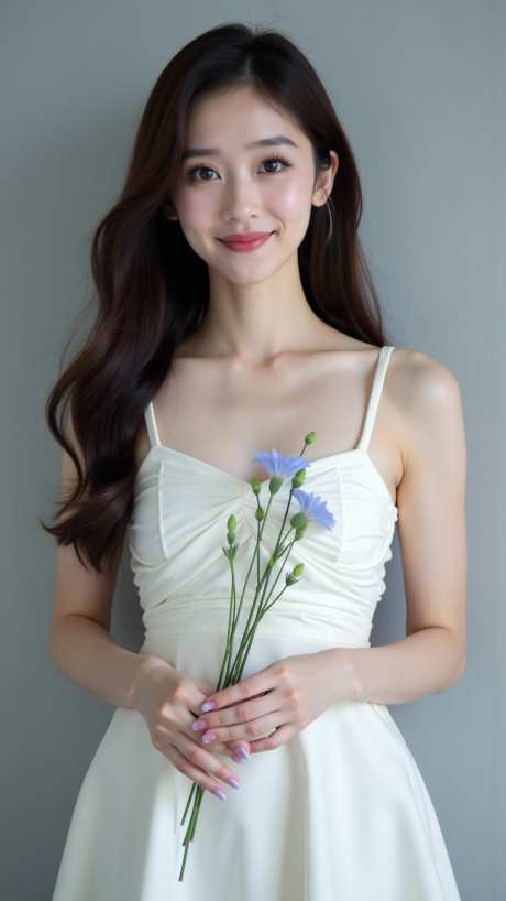 手拿蓝色花朵美女写真摄影_AI图片下载_euler采样_864X1536像素-白色,连衣裙,蓝色花朵-作品编号:2025063008499325-志˘设˱网