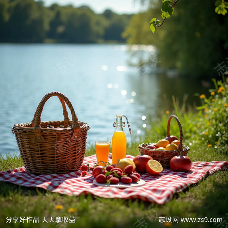 户外湖边草地野餐