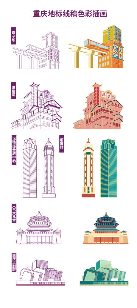 卡通手绘扁平风重庆城市地标线稿手绘上_源文件下载_AI格式_1667X3735像素-城市,重庆,线稿-作品编号:2025070801979432-志ˆ设‘网