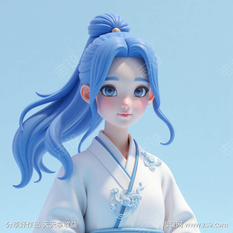 古风蓝色卡通风格长发Q版人物