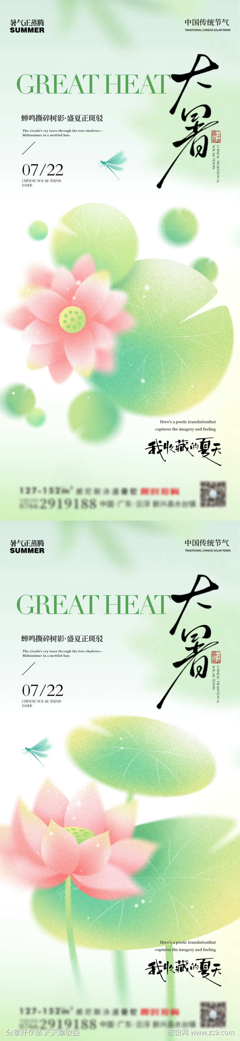 大暑荷花荷叶蜻蜓清新系列