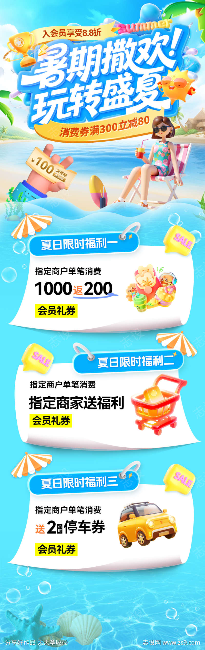 暑期夏日夏天清凉商场沙滩福利优惠券消费券