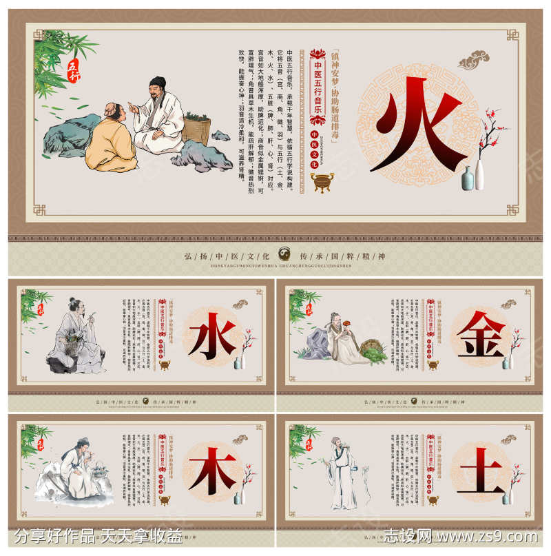 中国风金木水火土五行养生中医文化宣传套图