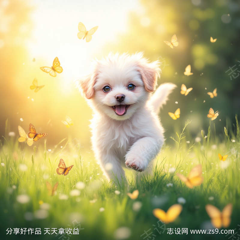 可爱小白狗在草地奔跑