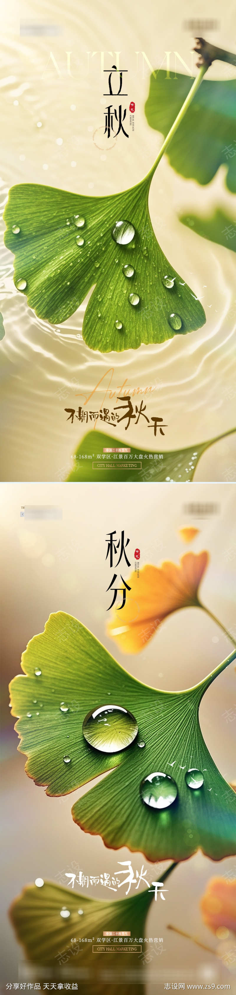 地产立秋秋分银杏叶露珠海报