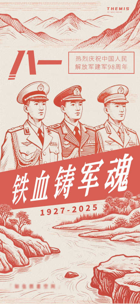 建军节复古版画海报_源文件下载_PSD格式_1080X2340像素-插画,肖像画,军人-作品编号:2025072717046177-志设-zs9.com