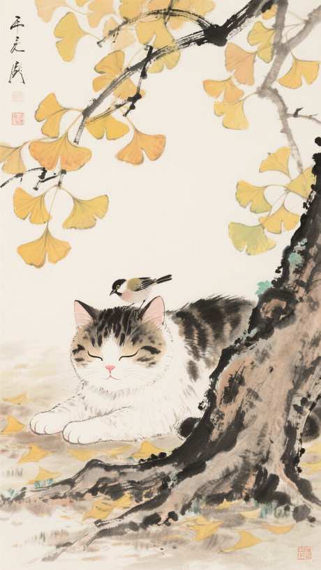 银杏树下睡觉的猫_AI图片下载_采样_1152X2048像素-国画,水墨画,鸟-作品编号:2025073108573657-志设-zs9.com