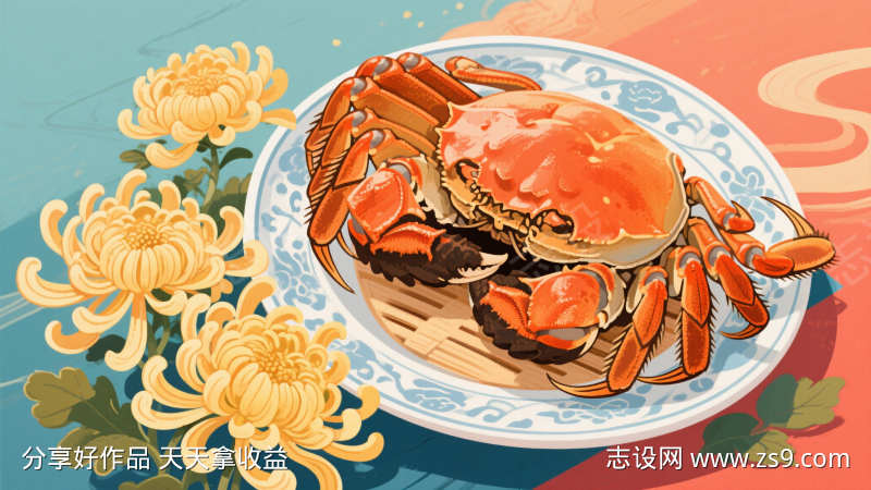 螃蟹和菊花插画