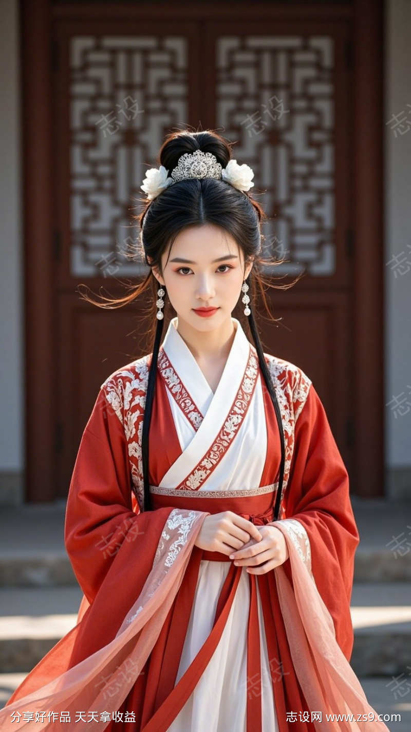 红色古风汉服美女模特