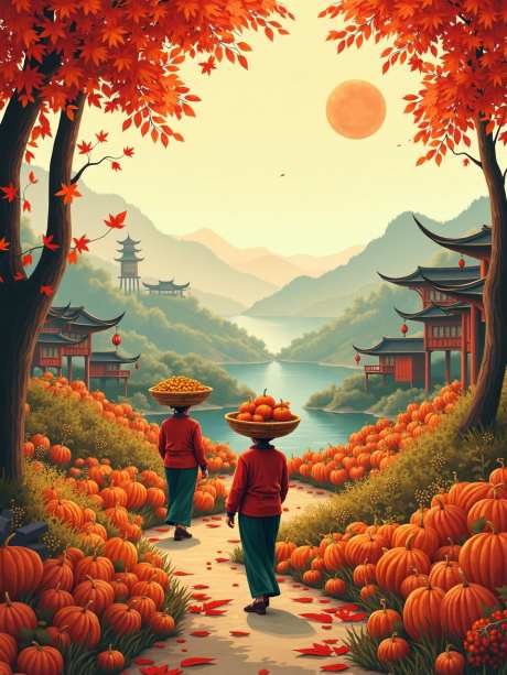 秋季山水画卷大丰收_AI图片下载_heun采样_960X1280像素-中国风建筑,树木,枫叶-作品编号:2025080609112525-志设-zs9.com
