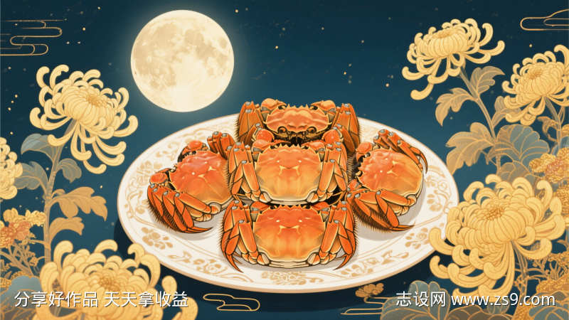 秋日菊花大闸蟹插画