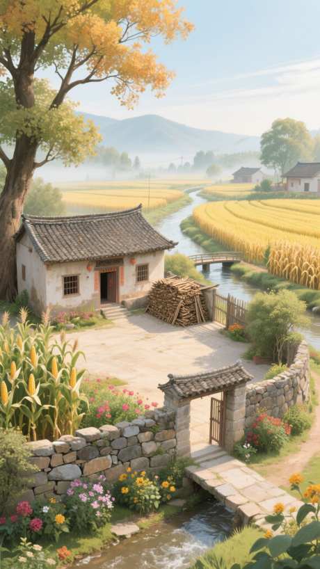 秋天的中式古村落_AI图片下载_采样_1152X2048像素-稻田,秋收,秋季-作品编号:2025080709067563-志设