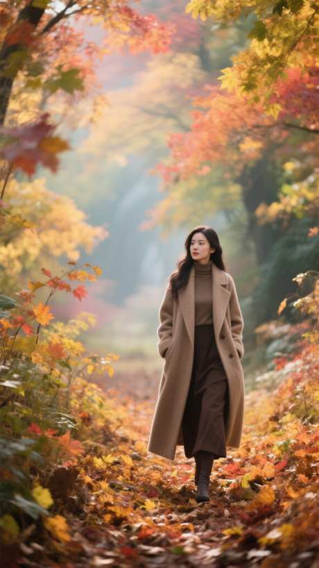 在深秋的树林散步_AI图片下载_采样_1152X2048像素-唯美,美女,落叶-作品编号:2025080709116532-志设-zs9.com