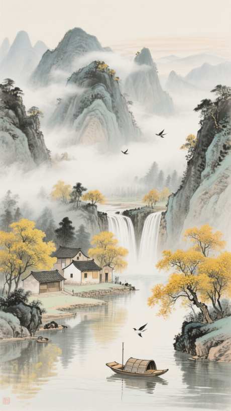 秋天的山水画_AI图片下载_采样_1152X2048像素-河流,山峰,飞鸟-作品编号:2025080709466107-志设-zs9.com