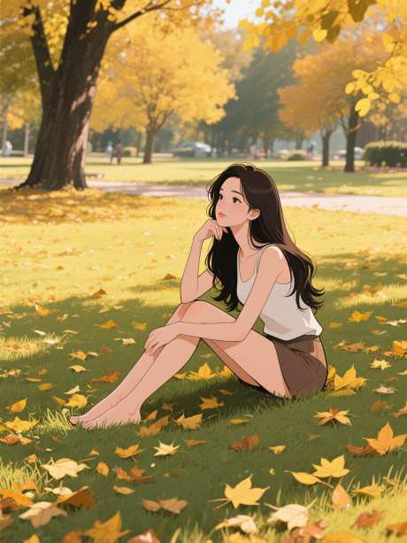秋天公园坐在草地上的女孩_AI图片下载_采样_1536X2048像素-女子,草地,落叶-作品编号:2025080709487509-志设-zs9.com
