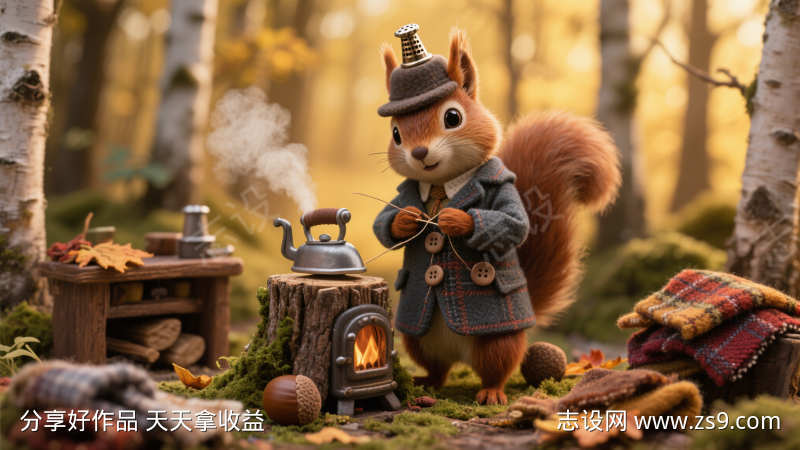 小松鼠在秋日的森林里