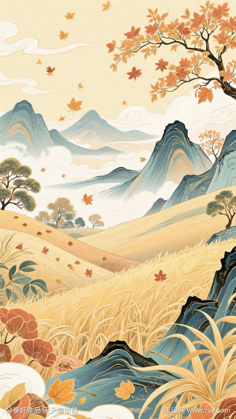 中国风秋季秋天山水插画海报