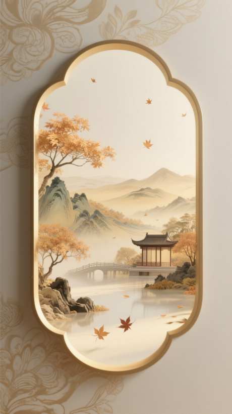 新中式秋日_AI图片下载_采样_1152X2048像素-千里江山图,枫叶,金色-作品编号:2025080710569248-志设-zs9.com