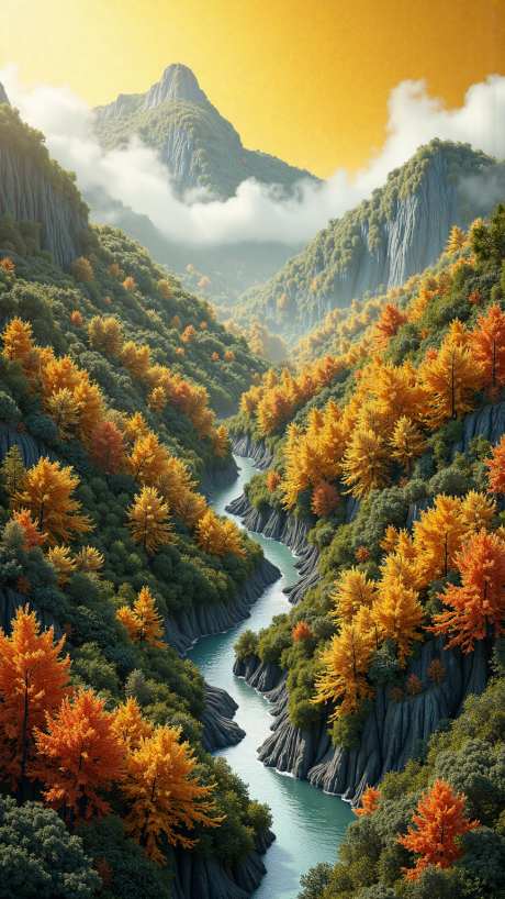 金黄质感秋季秋天山水风景_AI图片下载_dpmpp_2m采样_864X1536像素-风景,山水,秋天-作品编号:2025080711027357-志设-zs9.com