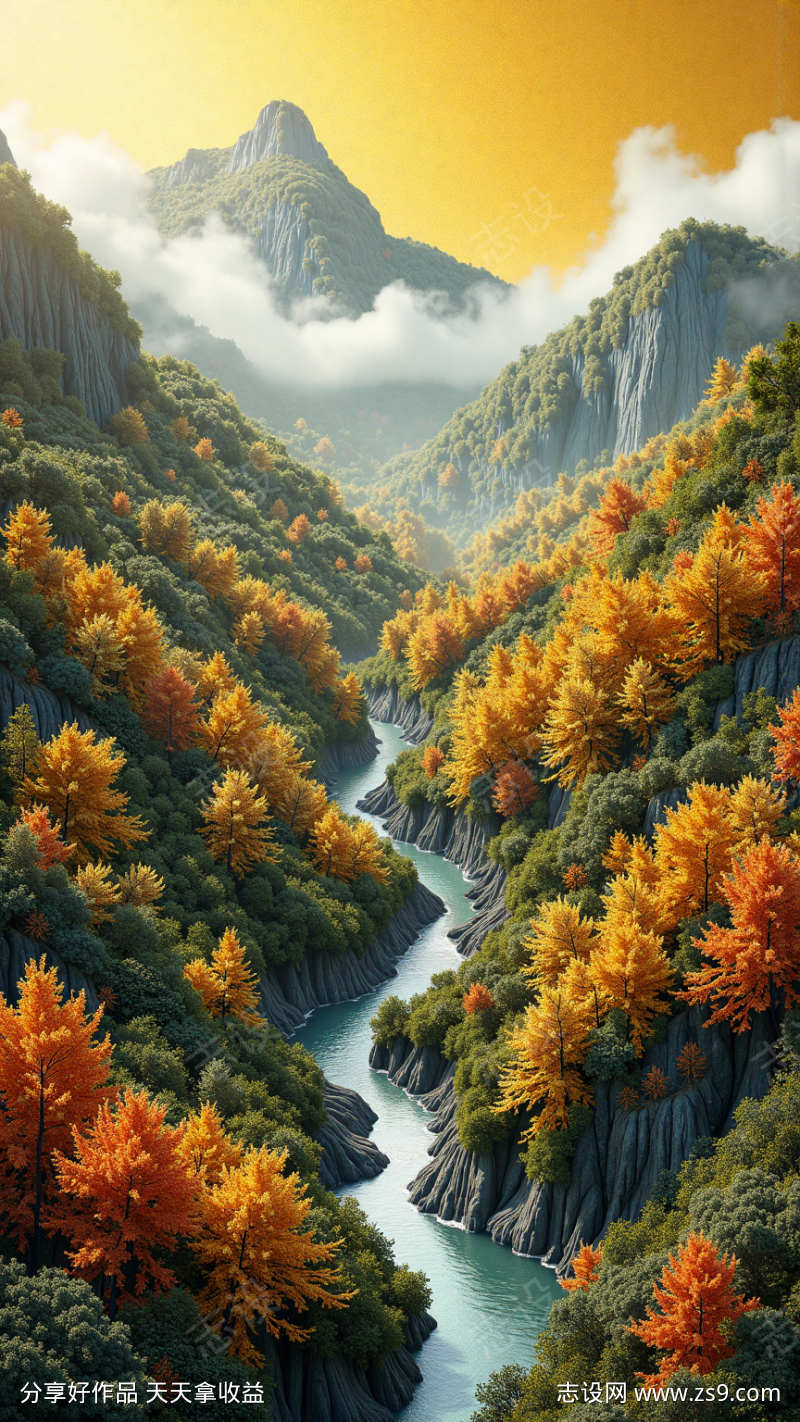 金黄质感秋季秋天山水风景