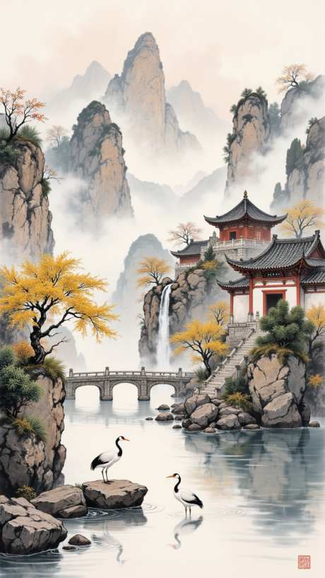 古风小写意山水秋景_AI图片下载_euler采样_864X1536像素-意境,仙鹤,秋季-作品编号:2025080713446001-志设-zs9.com