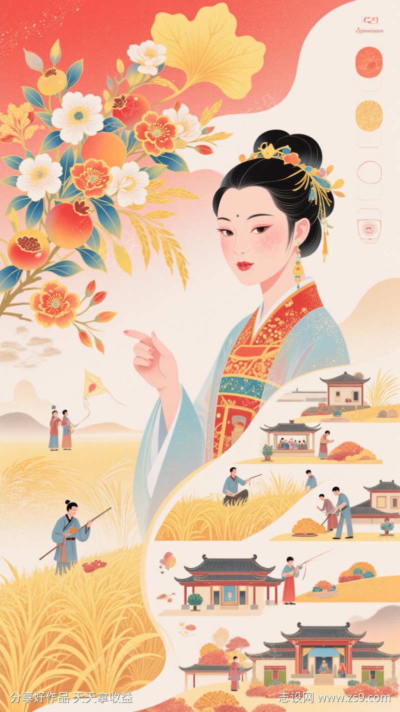 国潮插画金秋丰收图