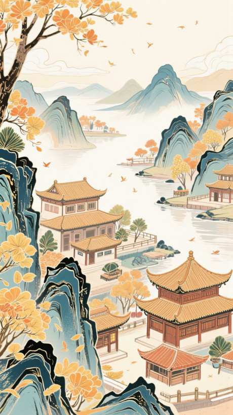 国潮山水画秋季插画海报_AI图片下载_dpmpp_2m采样_864X1536像素-插画,秋季,山水-作品编号:2025080810156603-志设-zs9.com