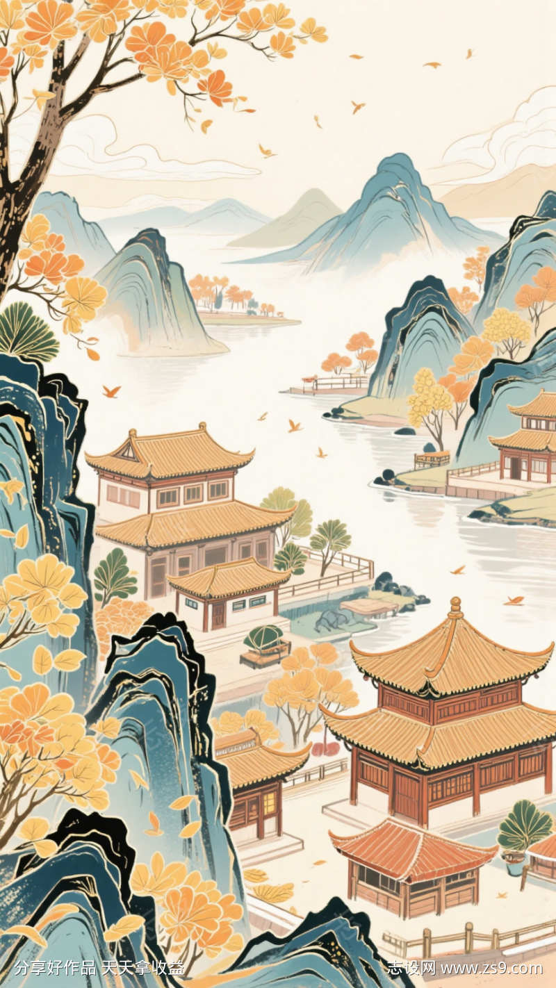 国潮山水画秋季插画海报