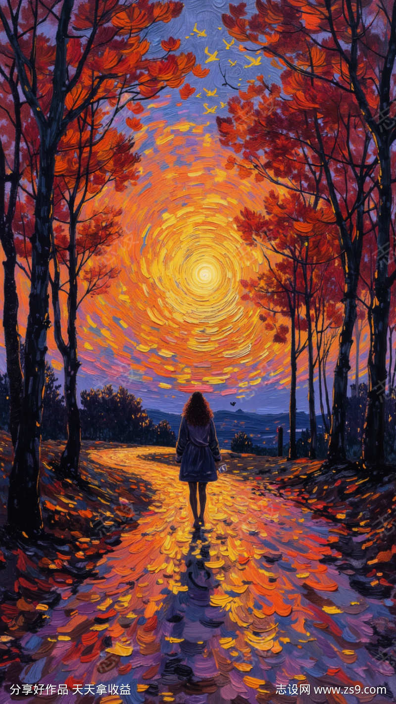 秋季黄昏落叶油画插画海报