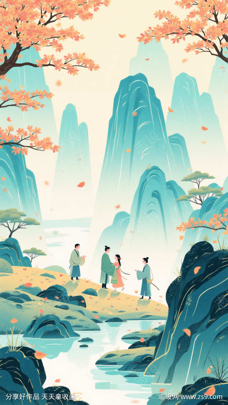 新中式扁平插画秋季海报