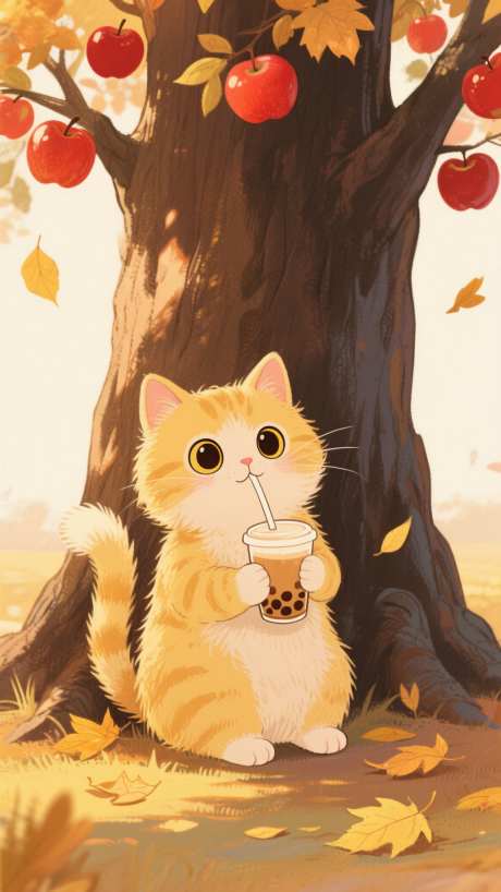 秋天的第一杯奶茶_AI图片下载_采样_1152X2048像素-猫,大橘,银杏叶-作品编号:2025081014362748-志设-zs9.com
