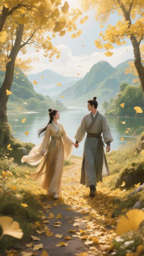 携手秋之韵系列之牵手_AI图片下载_采样_1152X2048像素-银杏叶,道友,情侣-作品编号:2025081014376083-志设-zs9.com