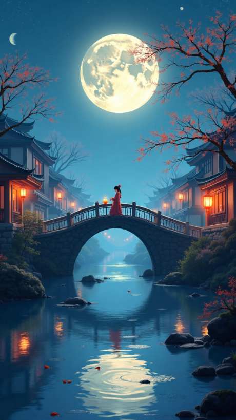中秋月夜花好月圆插画_AI图片下载_lms采样_864X1536像素-古镇建筑,古镇,小溪-作品编号:2025081016214087-志设-zs9.com