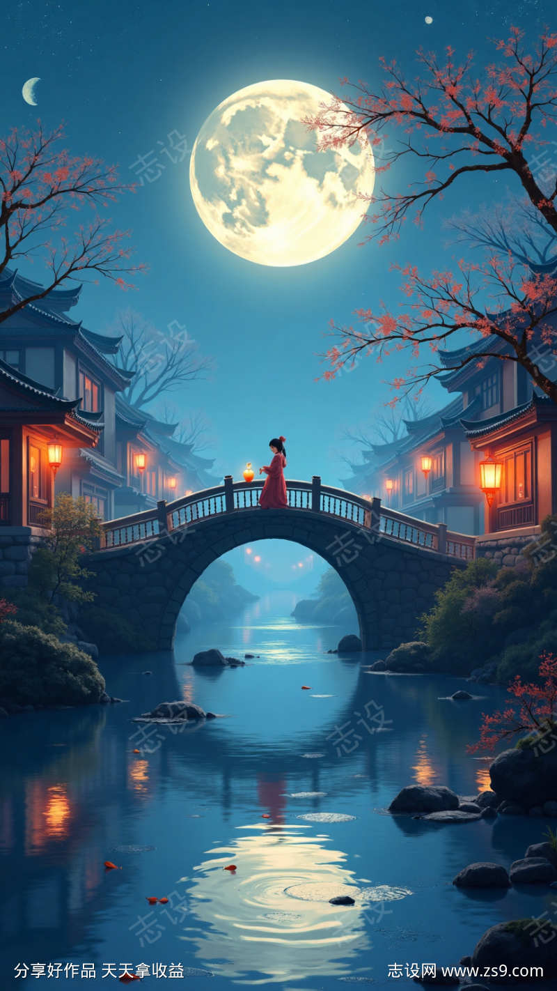 中秋月夜花好月圆插画