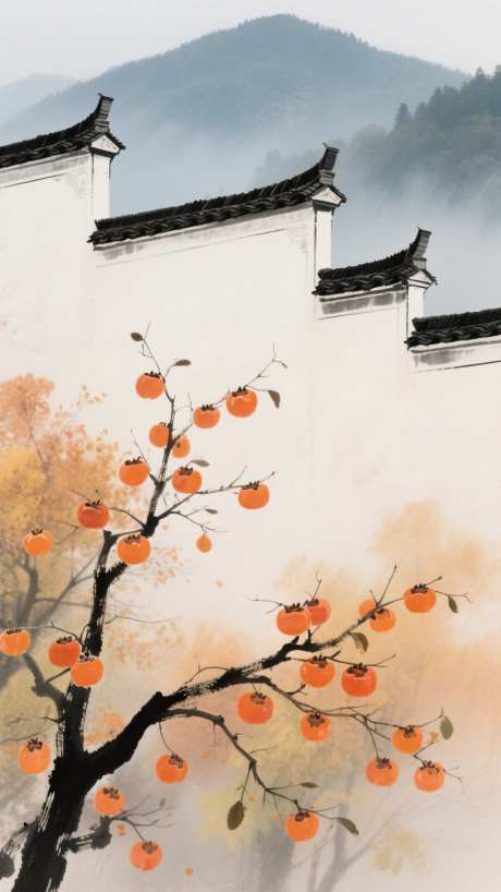秋天的柿子树_AI图片下载_采样_1152X2048像素-国画,手绘,徽派建筑-作品编号:2025081113535851-志设
