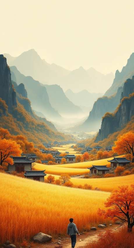 大山村落稻田素材_AI图片下载_采样_752X1392像素-峡谷,世外桃源,村子-作品编号:2025081208089016-志设