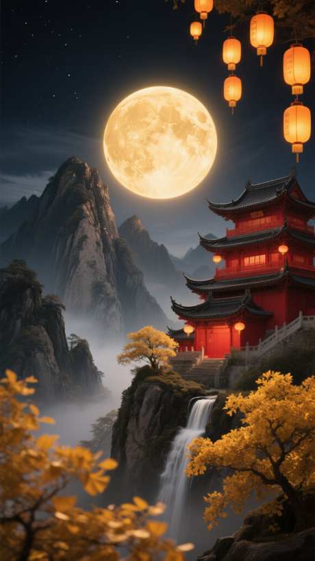 国潮山水秋天中秋节插画海报_AI图片下载_采样_1152X2048像素-山水,海报,插画-作品编号:2025081216274381-志设