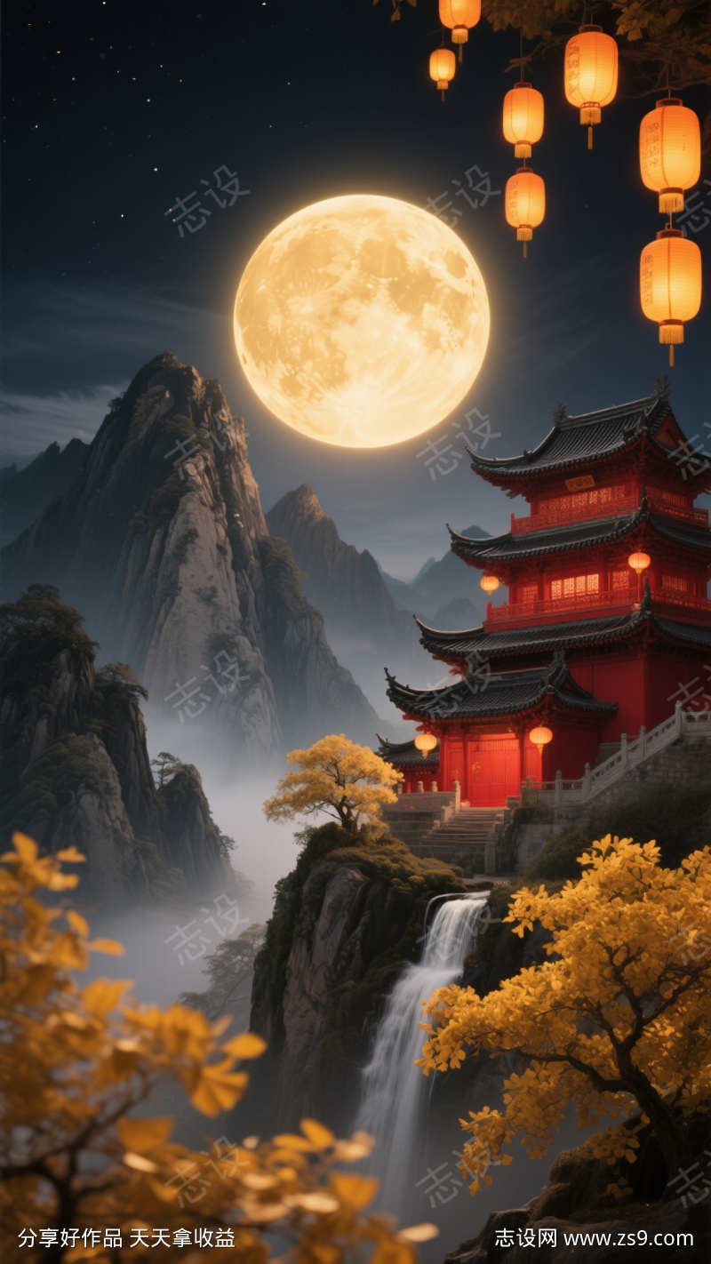 国潮山水秋天中秋节插画海报