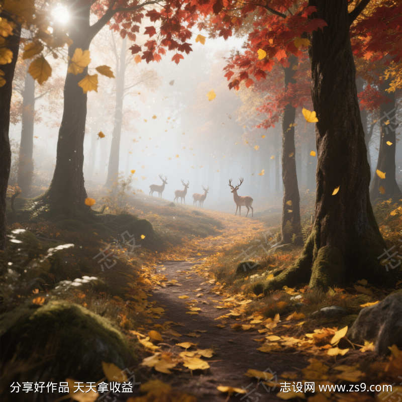 鹿群赏秋与落叶