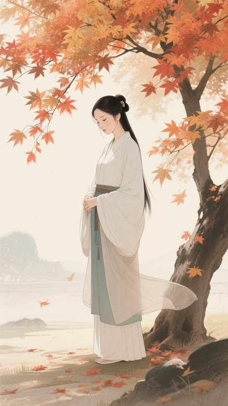 秋日插画场景_AI图片下载_采样_1152X2048像素-女子,枫叶,插画-作品编号:2025081309369328-志设-zs9.com