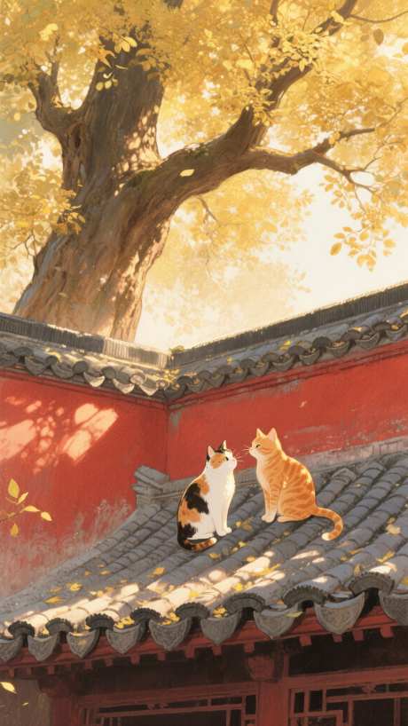 古风猫咪插画_AI图片下载_采样_1152X2048像素-秋日,树叶,金色-作品编号:2025081313098507-志设-zs9.com