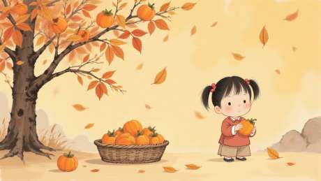 秋天采柿子的小女孩等待