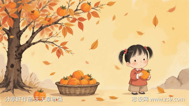 秋天采柿子的小女孩等待